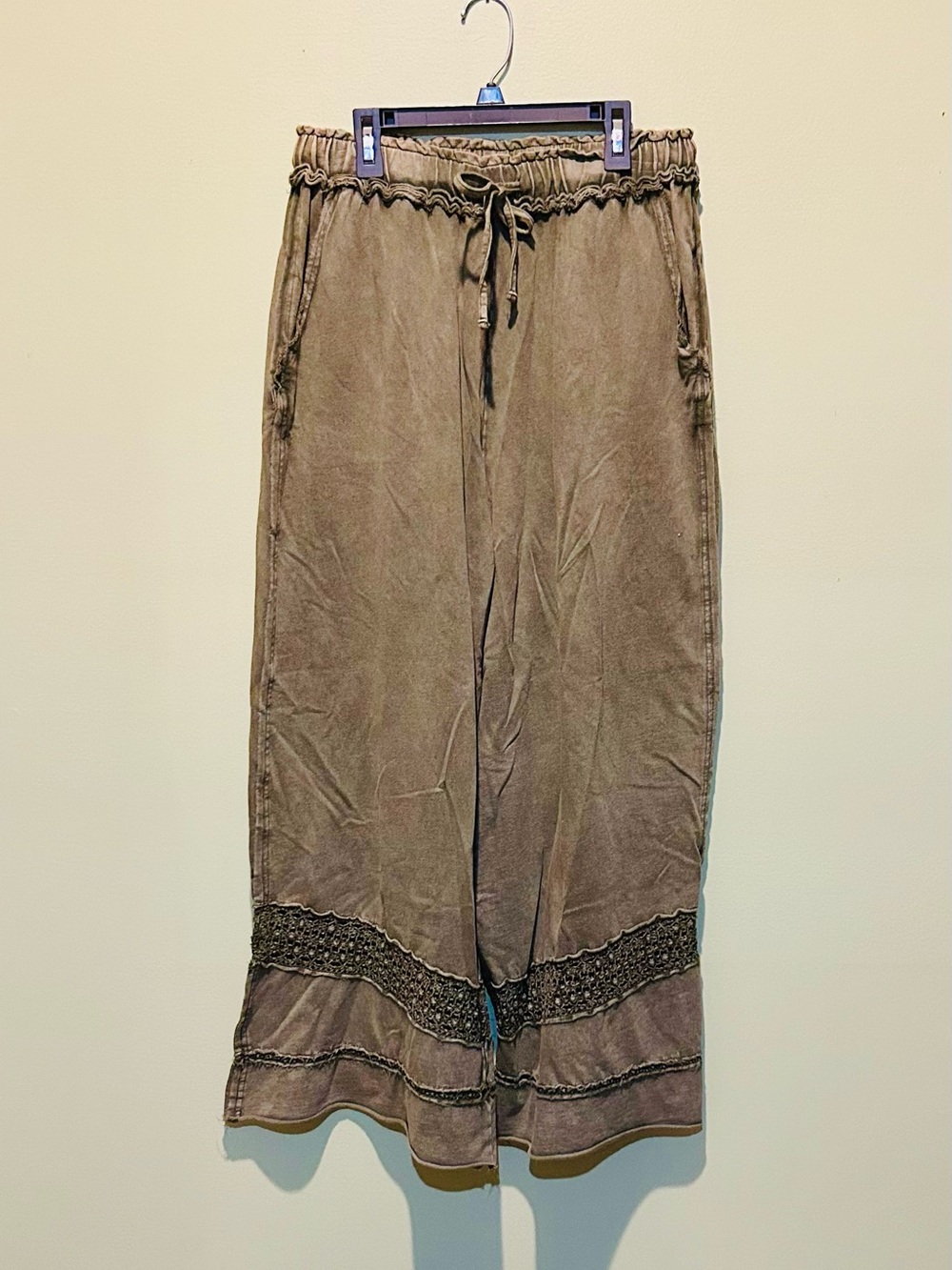 Easel Relaxed Wide-Leg Drawstring Pants in Olive Brown